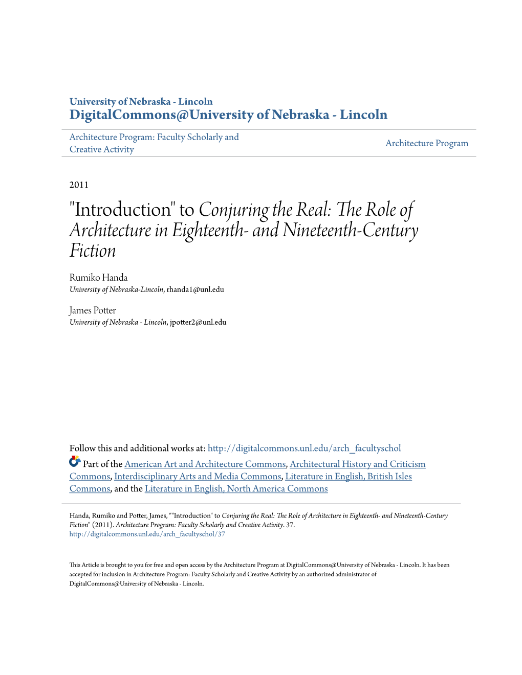 The Role of Architecture in Eighteenth- and Nineteenth-Century Fiction Rumiko Handa University of Nebraska-Lincoln, Rhanda1@Unl.Edu