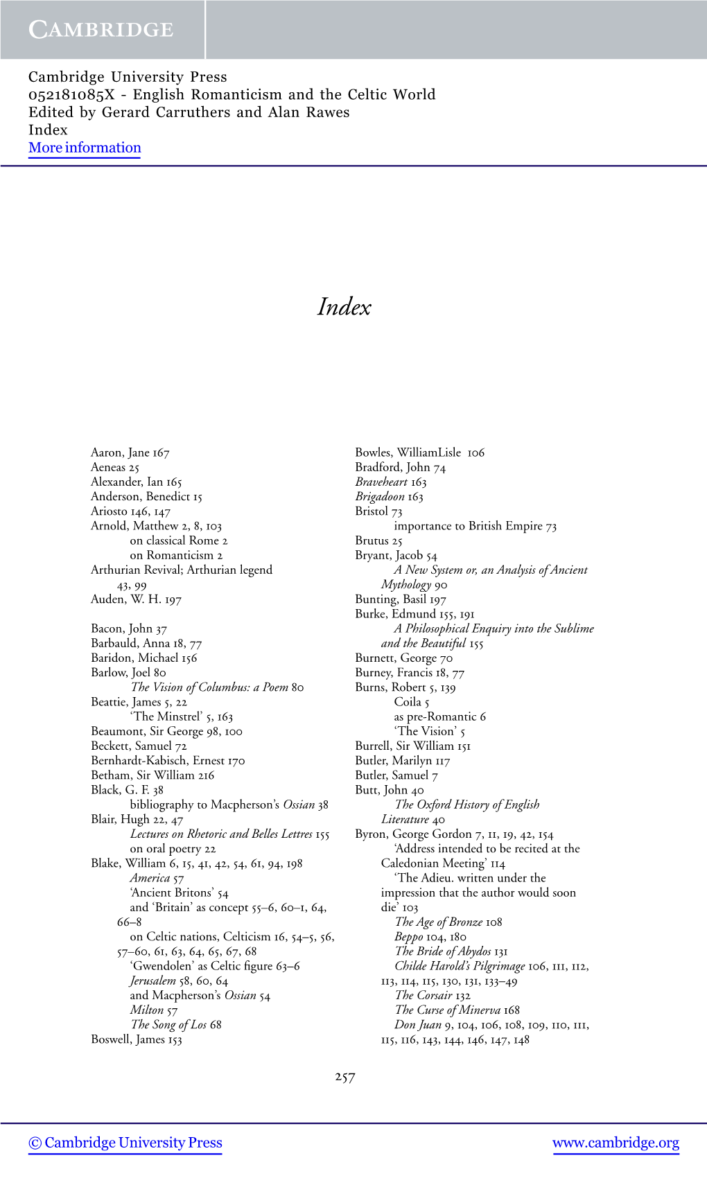 English Romanticism and the Celtic World Edited by Gerard Carruthers and Alan Rawes Index More Information