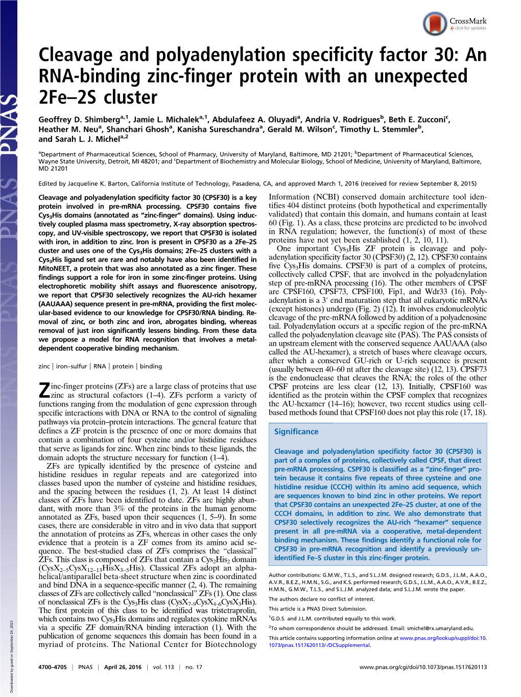 Cleavage and Polyadenylation Specificity Factor 30: an RNA-Binding Zinc-Finger Protein with an Unexpected 2Fe–2S Cluster