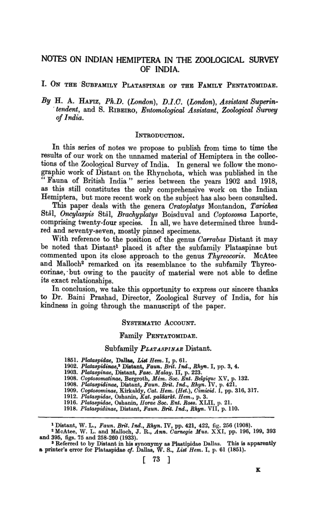 Notes on Indian Hemiptera in the Zoological Survey of India. I. on the ·Subfamily Plataspinae of the Family Pentatomidae