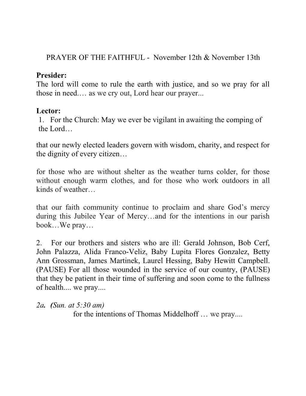 PRAYER of the FAITHFUL - November 12Th & November 13Th