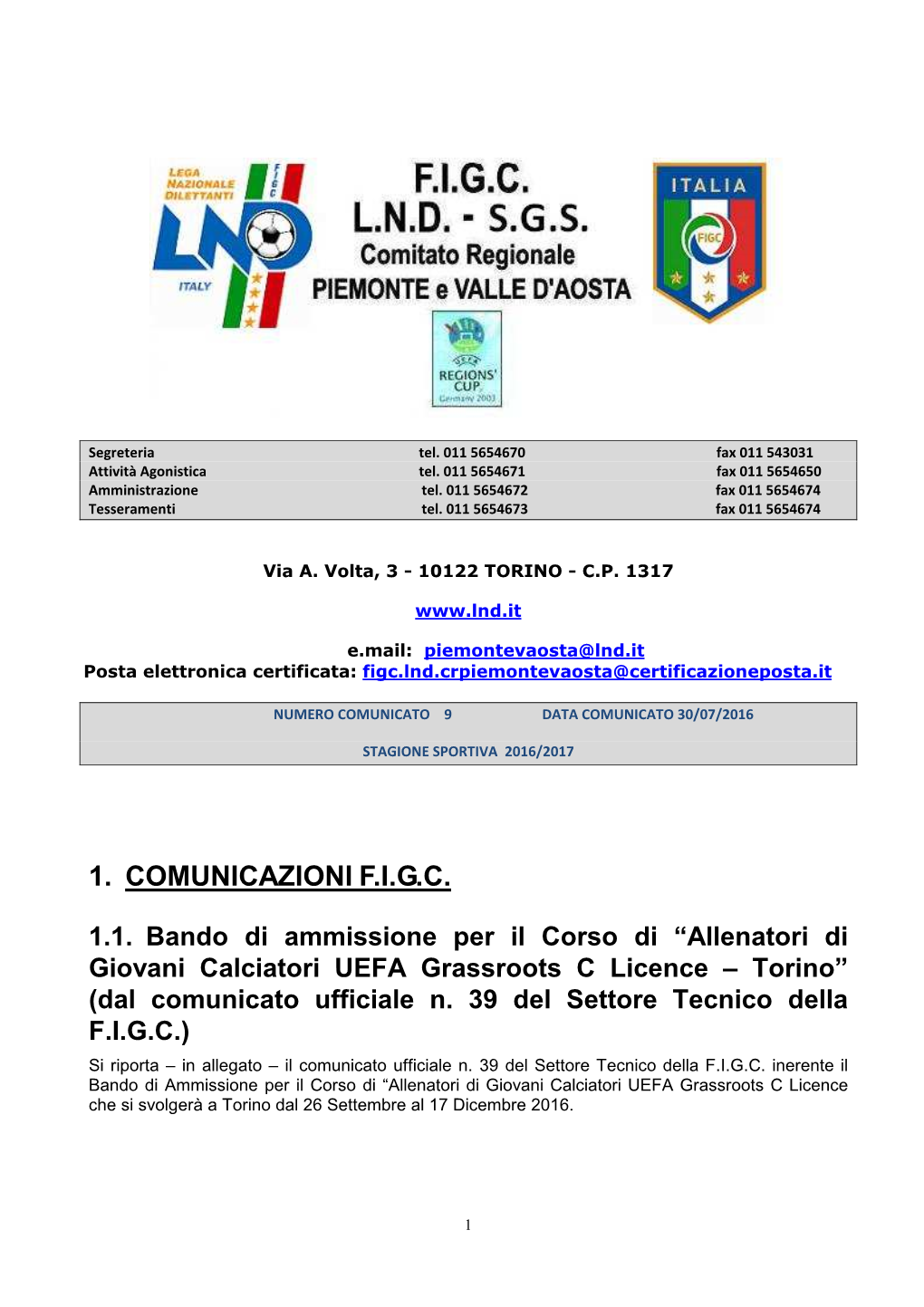 1. Comunicazioni F.I.G.C