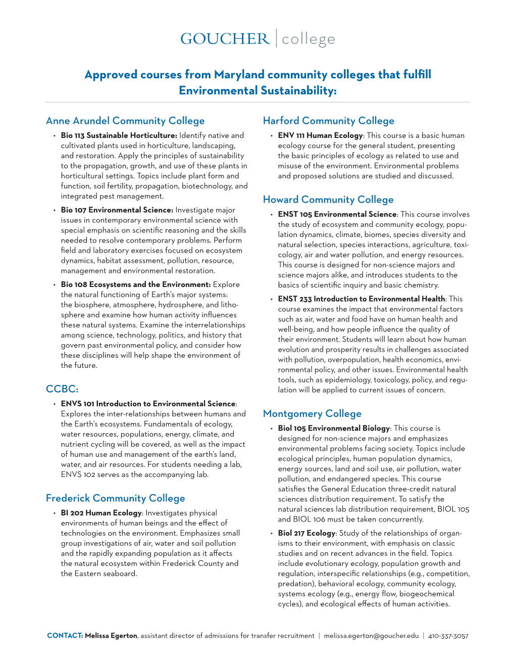 Approved Courses from Maryland Community Colleges That Fulfill Environmental Sustainability