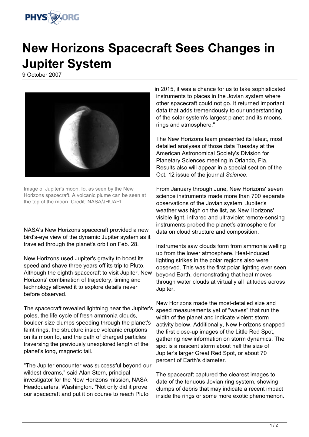 New Horizons Spacecraft Sees Changes in Jupiter System 9 October 2007