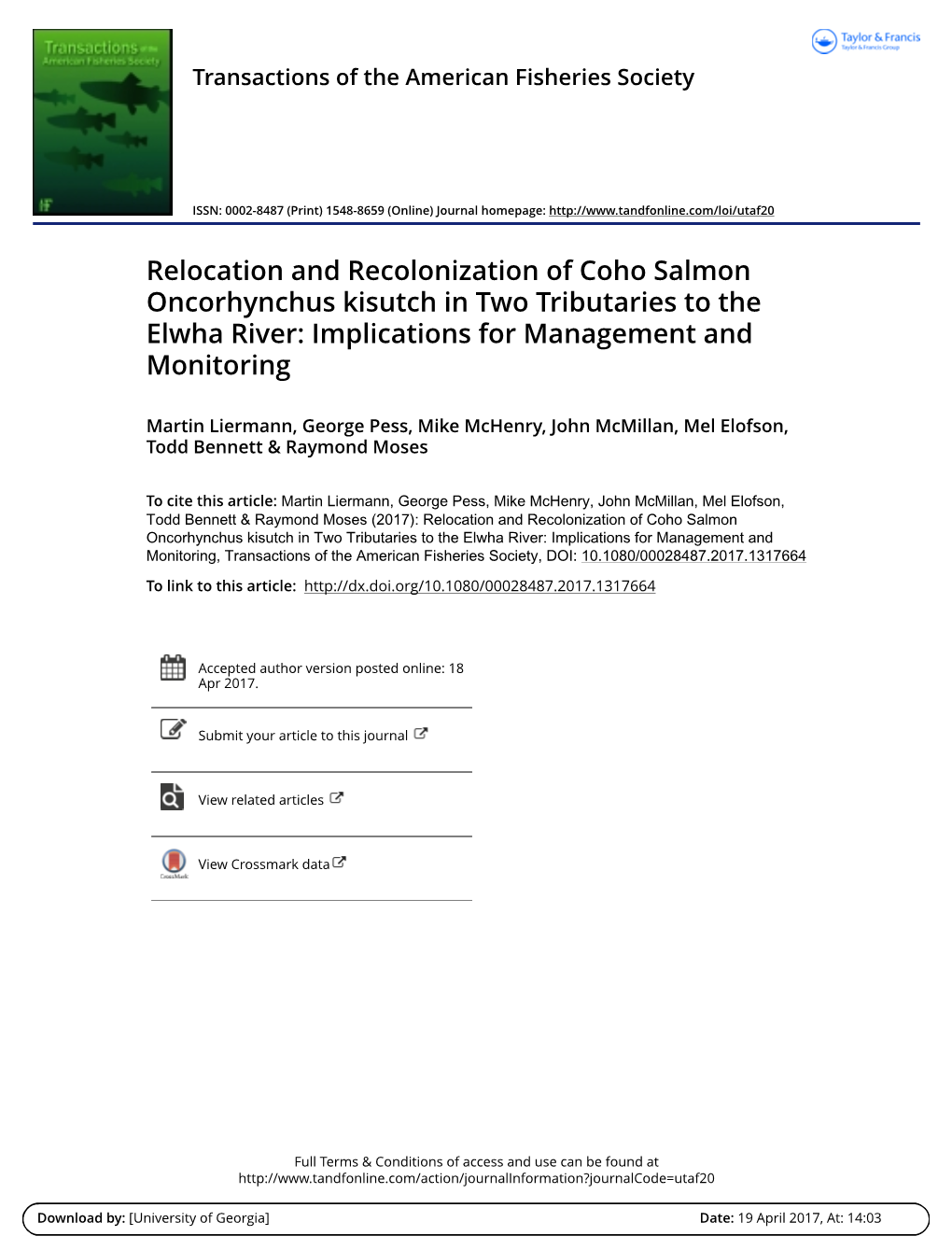 Relocation and Recolonization of Coho Salmon Oncorhynchus Kisutch in Two Tributaries to the Elwha River: Implications for Management and Monitoring