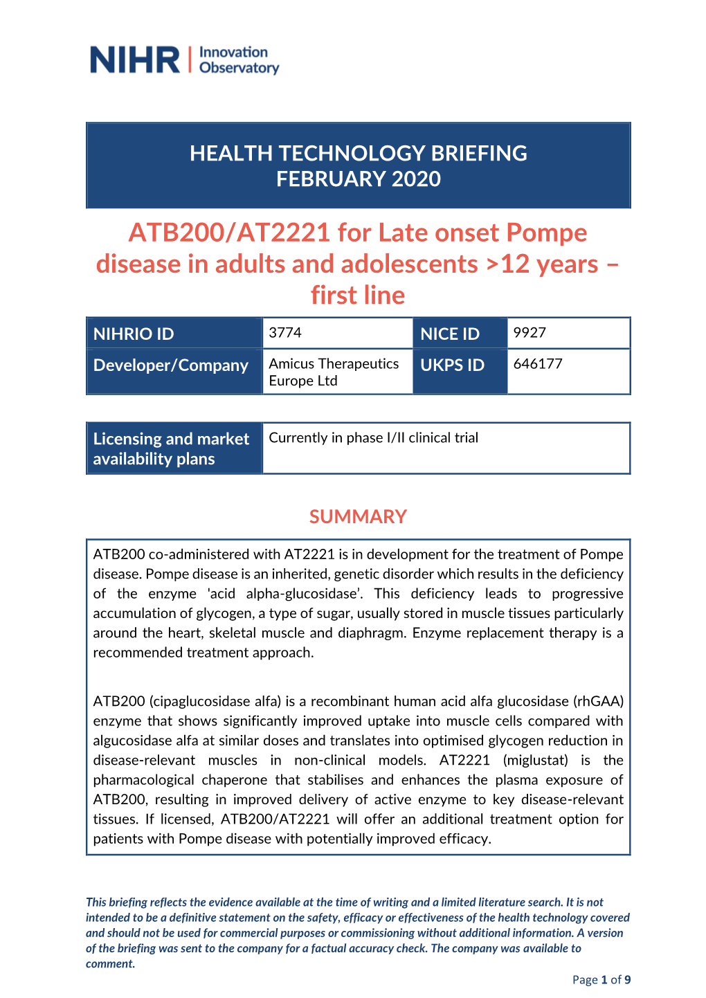 ATB200/AT2221 for Late Onset Pompe Disease in Adults and Adolescents >12 Years –