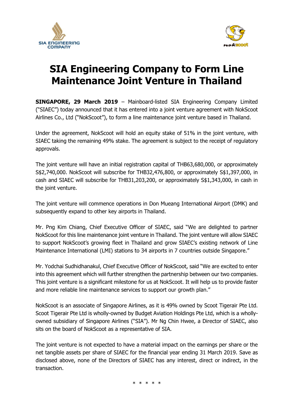 SIA Engineering Company to Form Line Maintenance Joint Venture in Thailand