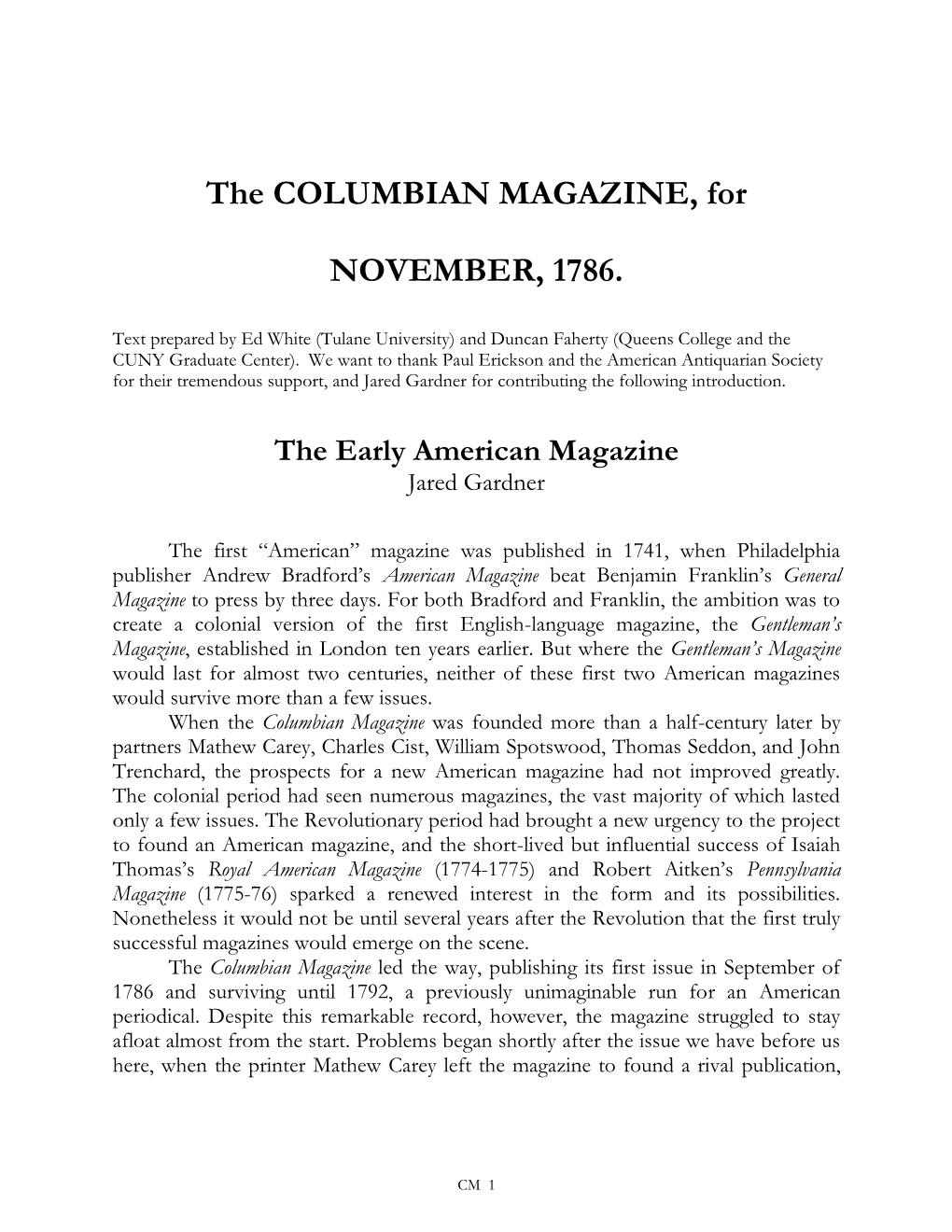 THE COLUMBIAN MAGAZINE, for NOVEMBER, 1786