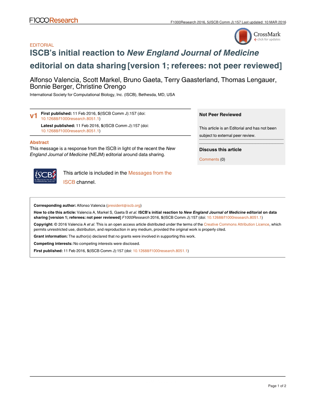 ISCB's Initial Reaction to New England Journal of Medicine Editorial On