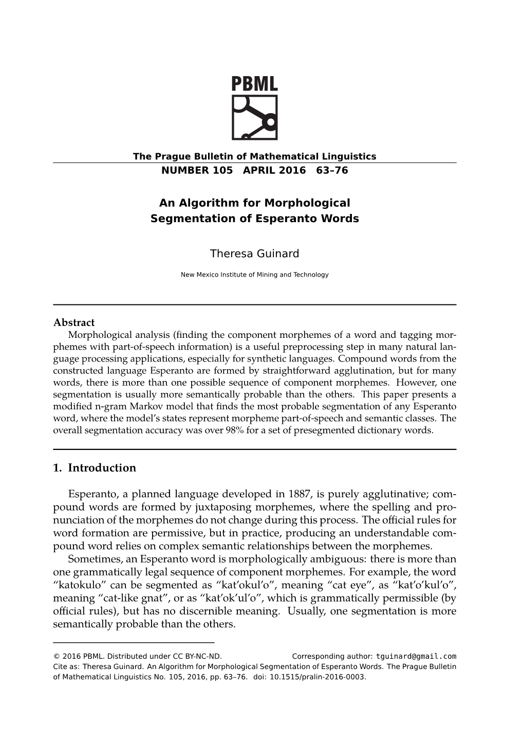 An Algorithm for Morphological Segmentation of Esperanto Words