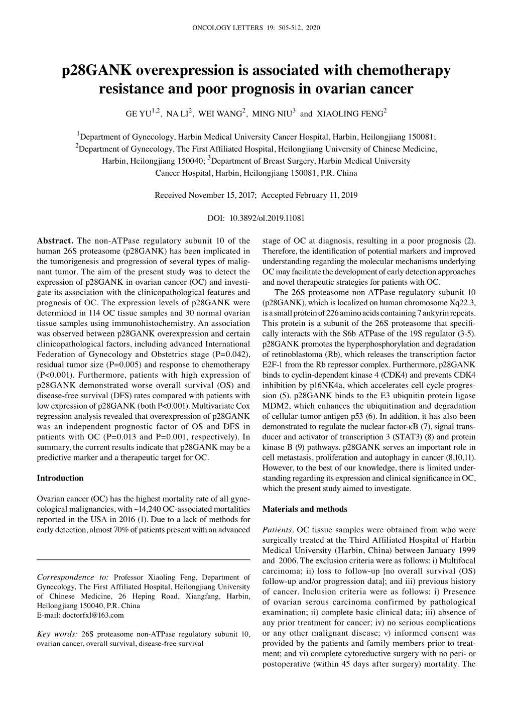 P28gank Overexpression Is Associated with Chemotherapy Resistance and Poor Prognosis in Ovarian Cancer