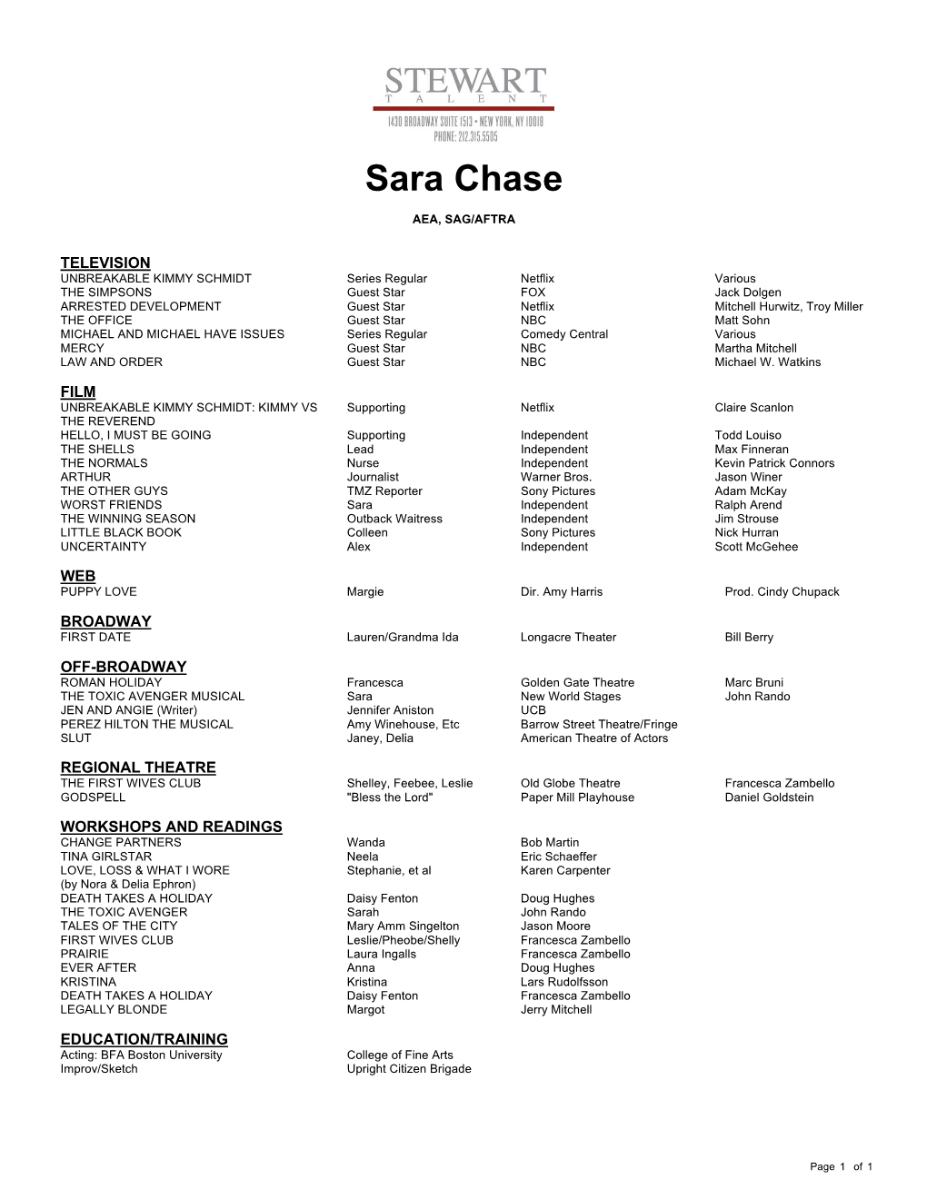 Sara Chase Theatrical Resume