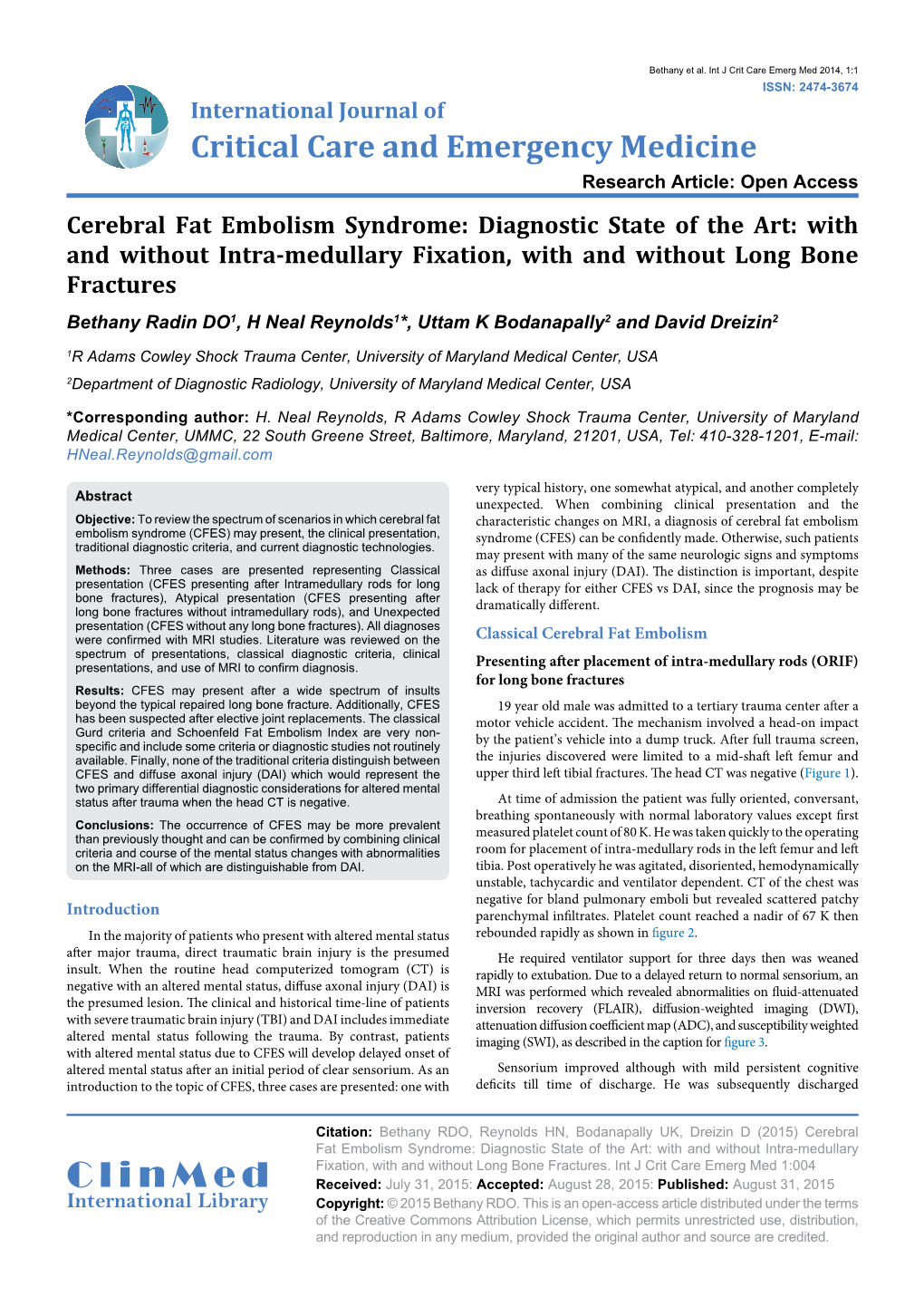 Cerebral Fat Embolism Syndrome: Diagnostic State of The