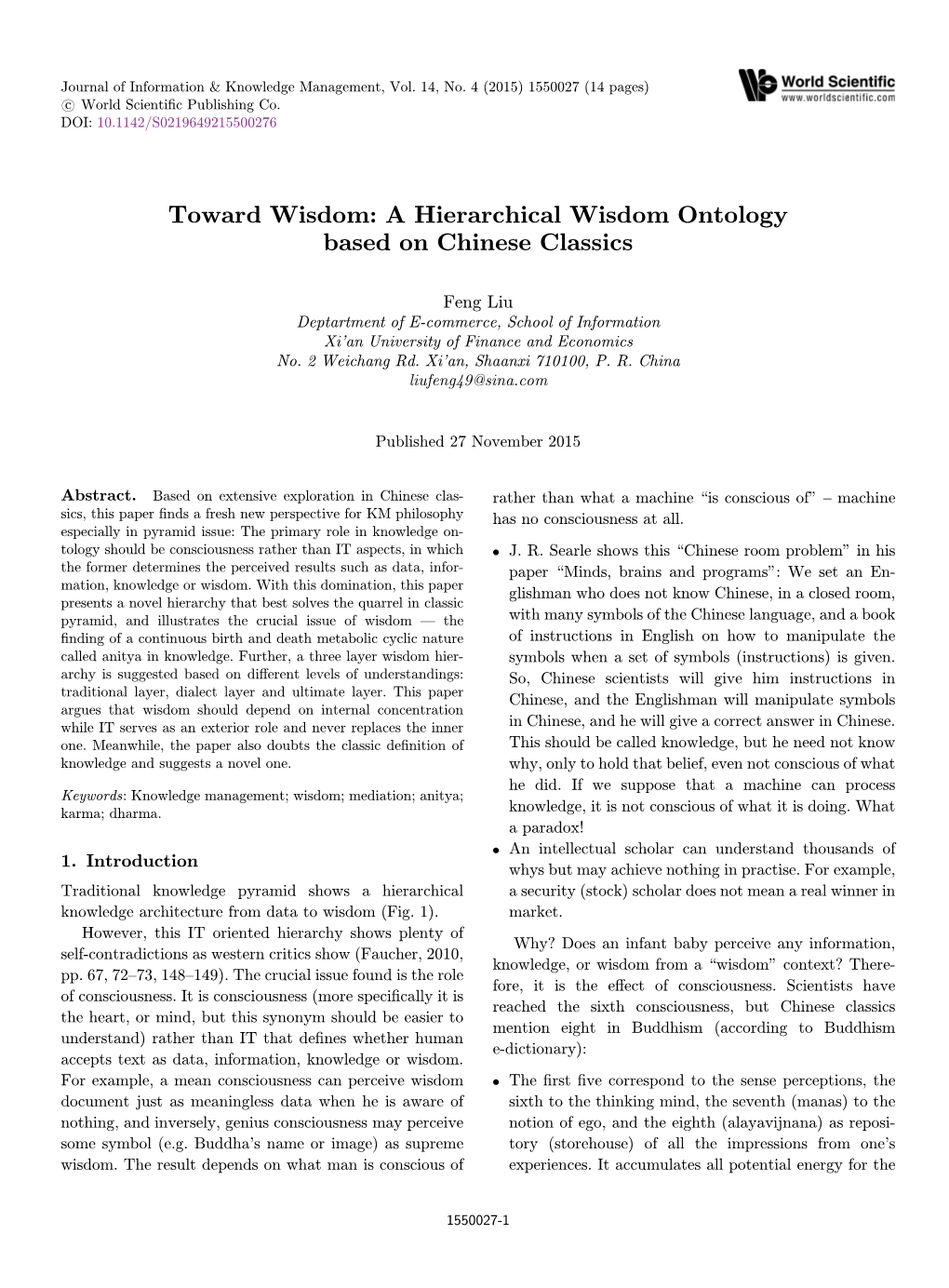 Toward Wisdom: a Hierarchical Wisdom Ontology Based on Chinese Classics