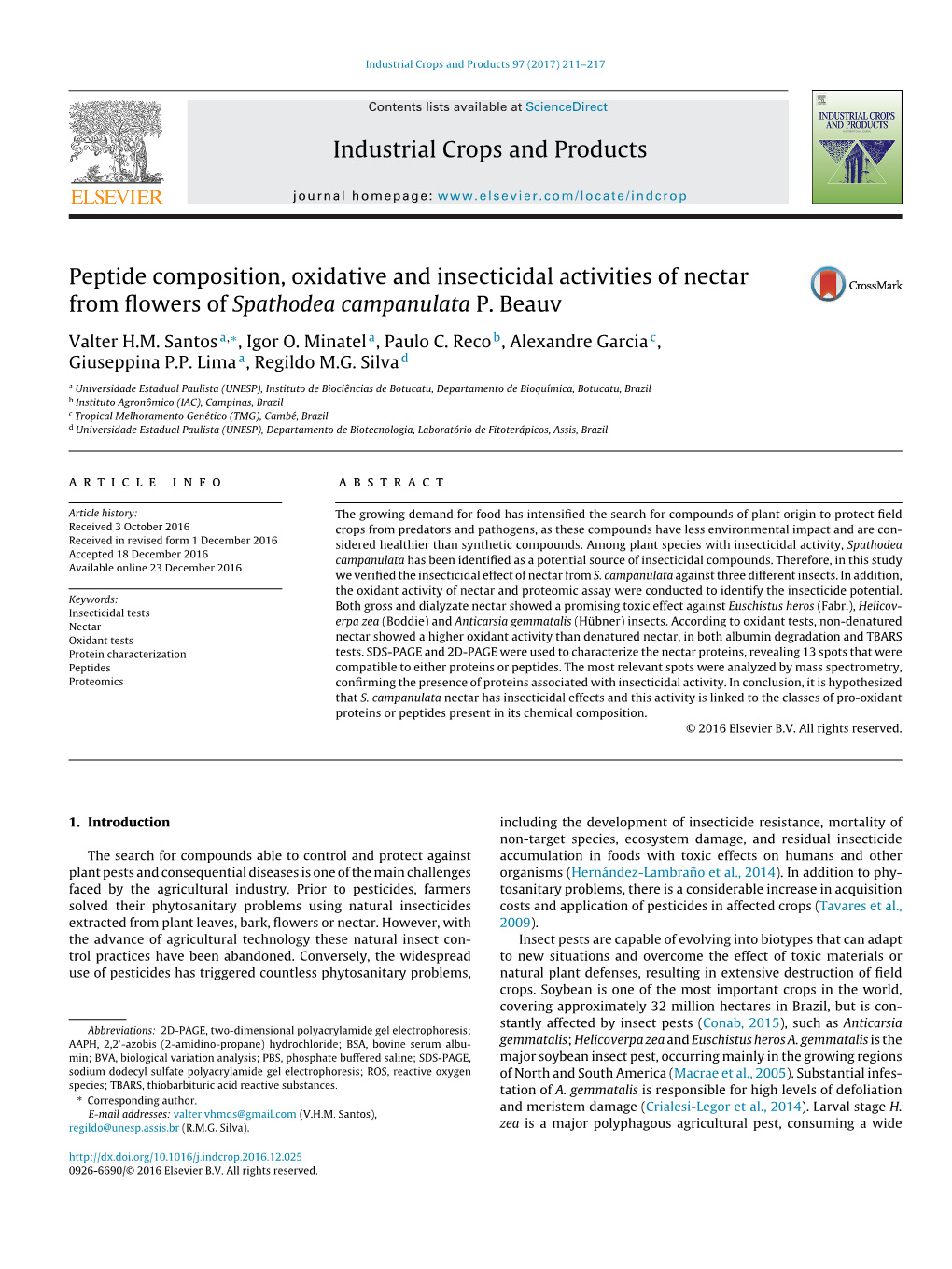 Peptide Composition, Oxidative and Insecticidal Activities of Nectar From