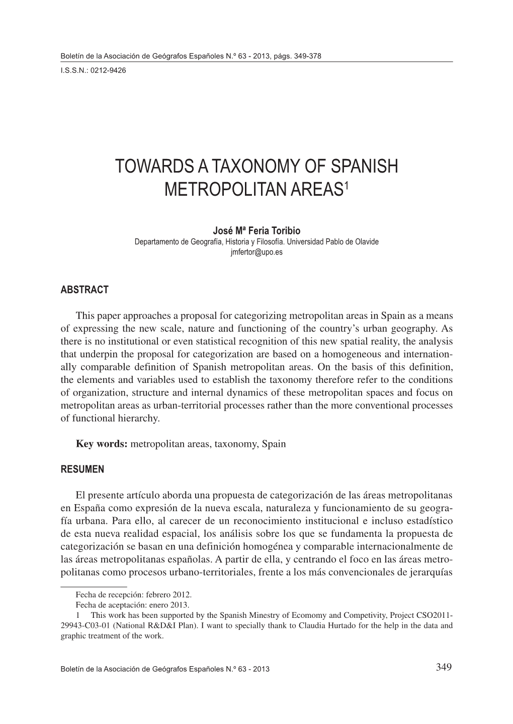 Towards a Taxonomy of Spanish Metropolitan Areas1