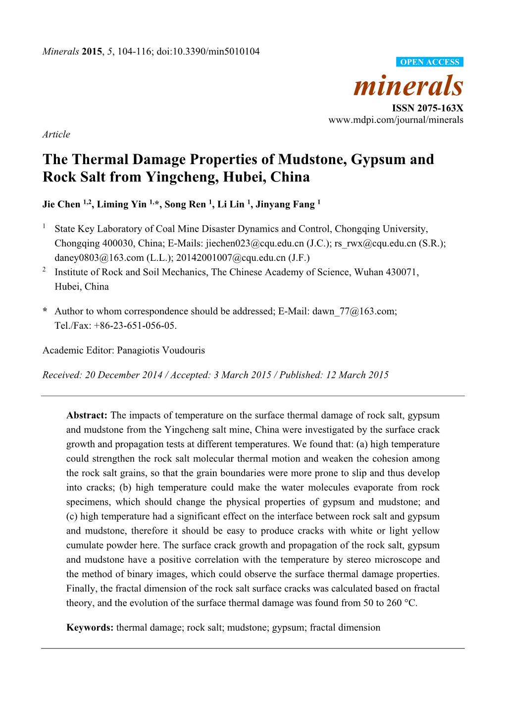 The Thermal Damage Properties of Mudstone, Gypsum and Rock Salt from Yingcheng, Hubei, China