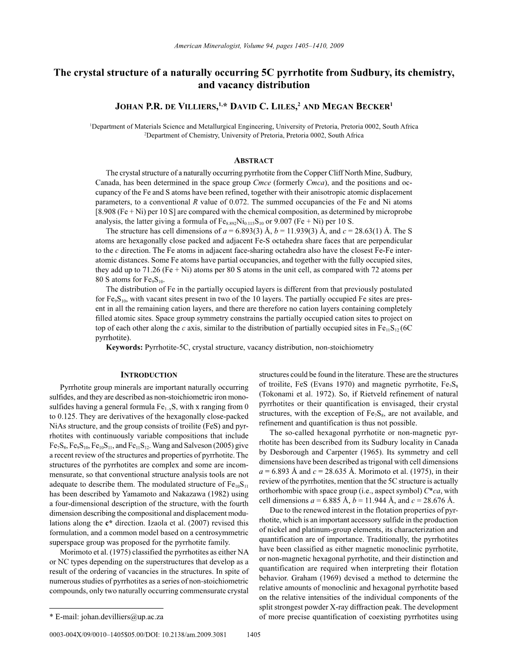 The Crystal Structure of a Naturally Occurring 5C Pyrrhotite from Sudbury, Its Chemistry, and Vacancy Distribution