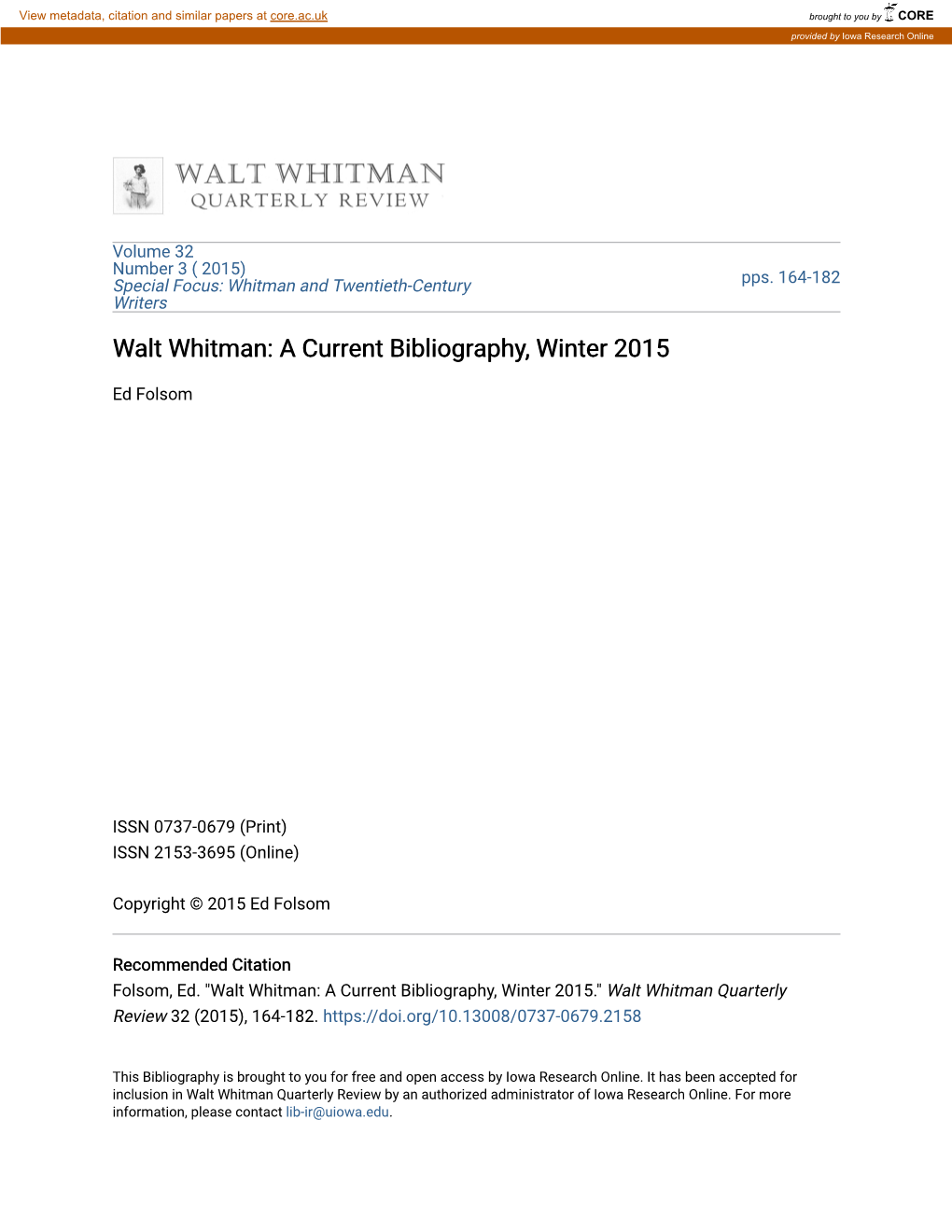 Walt Whitman: a Current Bibliography, Winter 2015