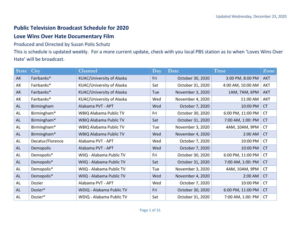 Public Television Broadcast Schedule for 2020 Love Wins Over Hate Documentary Film Produced and Directed by Susan Polis Schutz This Is Schedule Is Updated Weekly