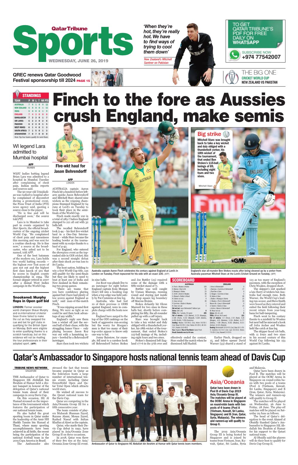 Finch to the Fore As Aussies Crush England, Make Semis