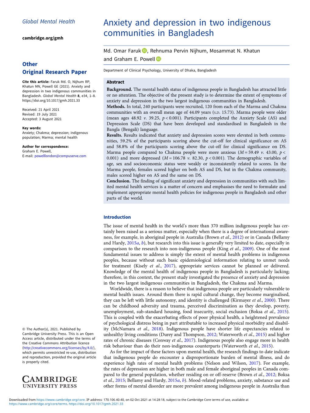 Anxiety and Depression in Two Indigenous Communities in Bangladesh Cambridge.Org/Gmh