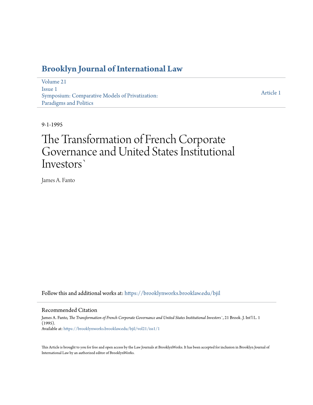 The Transformation of French Corporate Governance and United States Institutional Investors`, 21 Brook