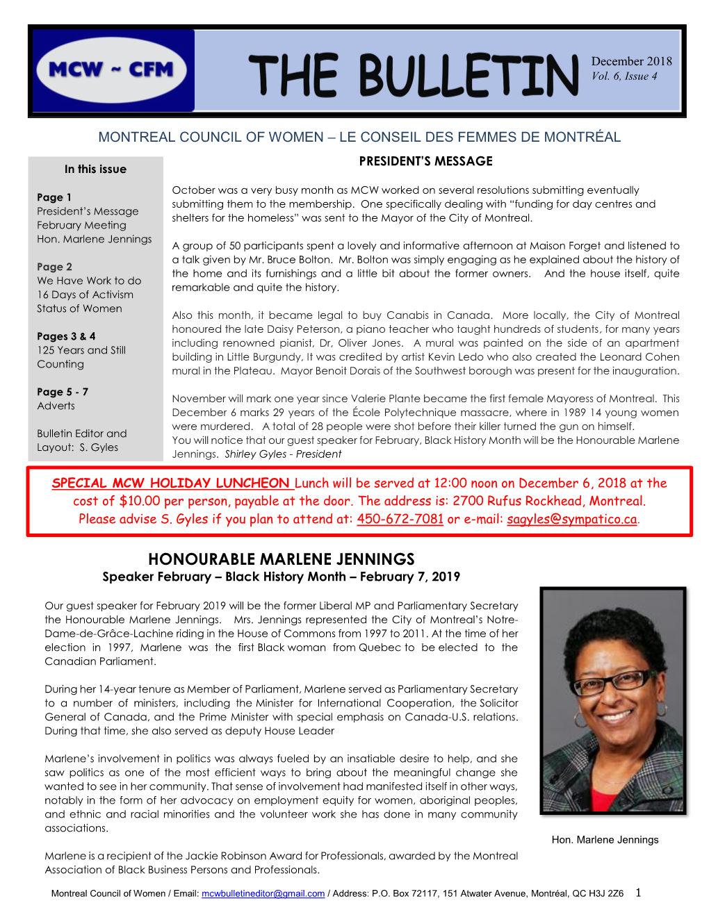 HONOURABLE MARLENE JENNINGS Speaker February – Black History Month – February 7, 2019