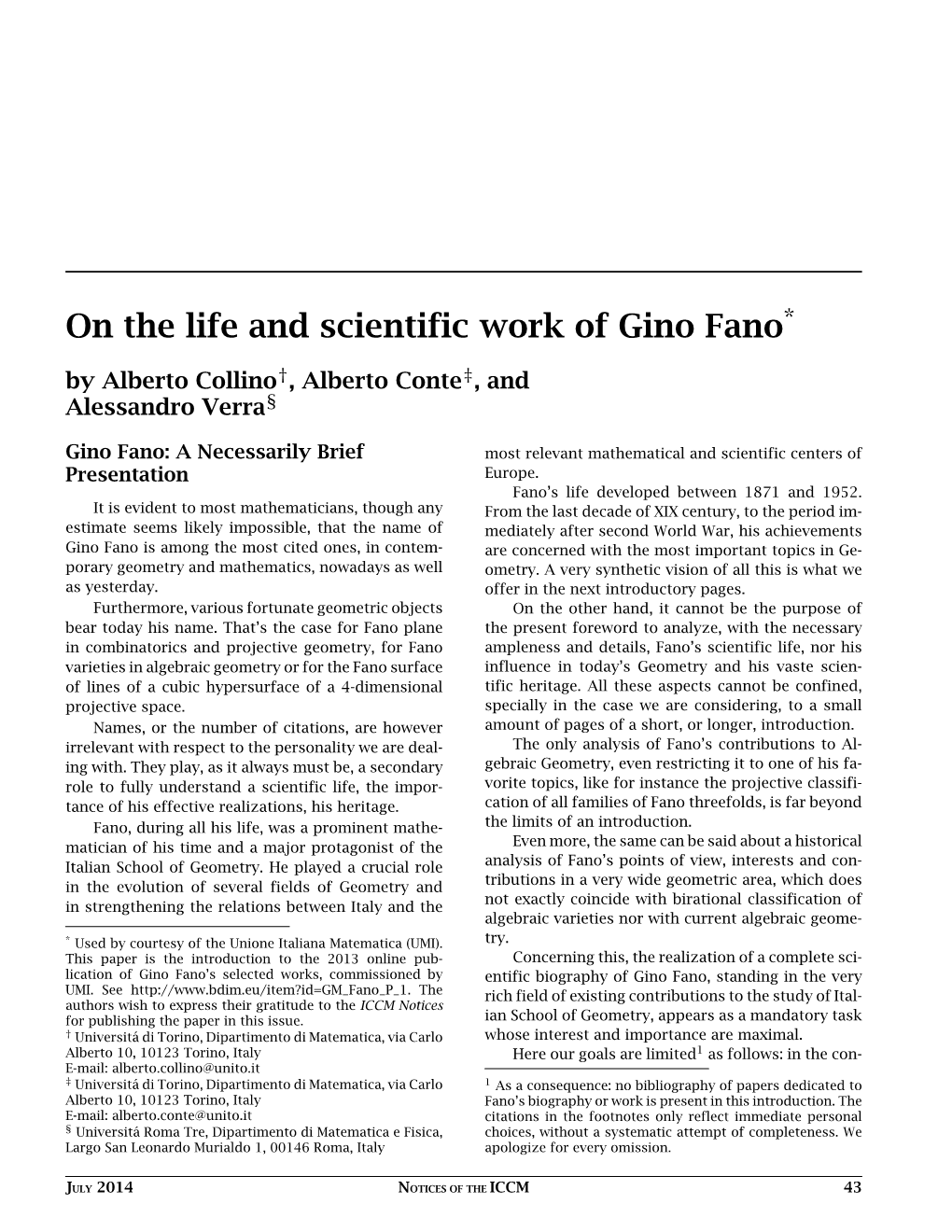 On the Life and Scientific Work of Gino Fano* by Alberto Collino†, Alberto Conte‡, and Alessandro Verra§