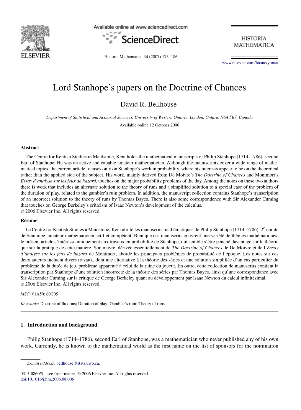 Lord Stanhope's Papers on the Doctrine of Chances