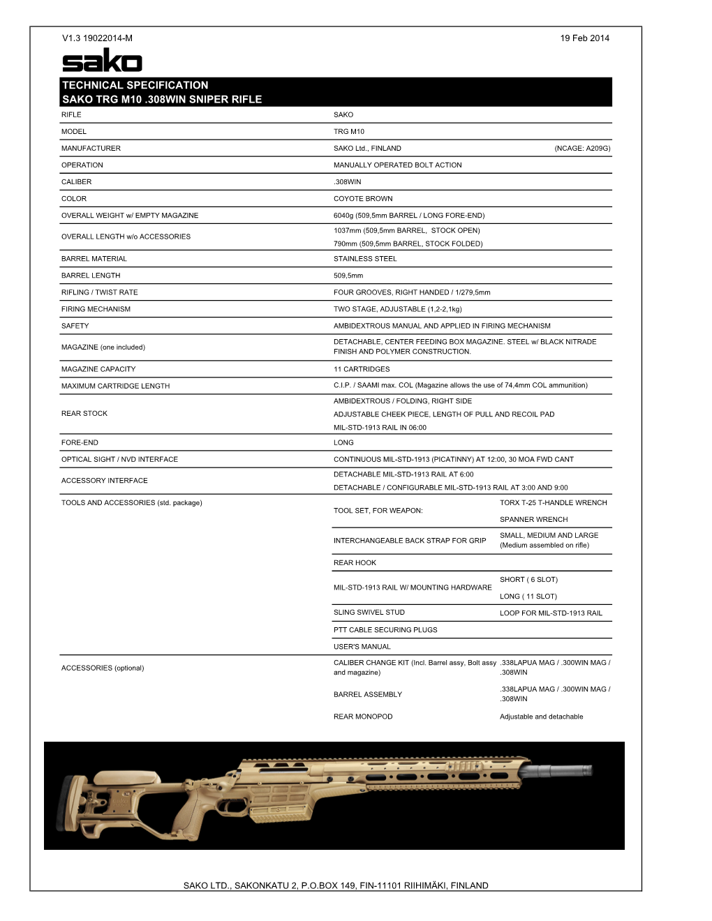 Technical Specification Sako Trg M10 .308Win Sniper Rifle Rifle Sako