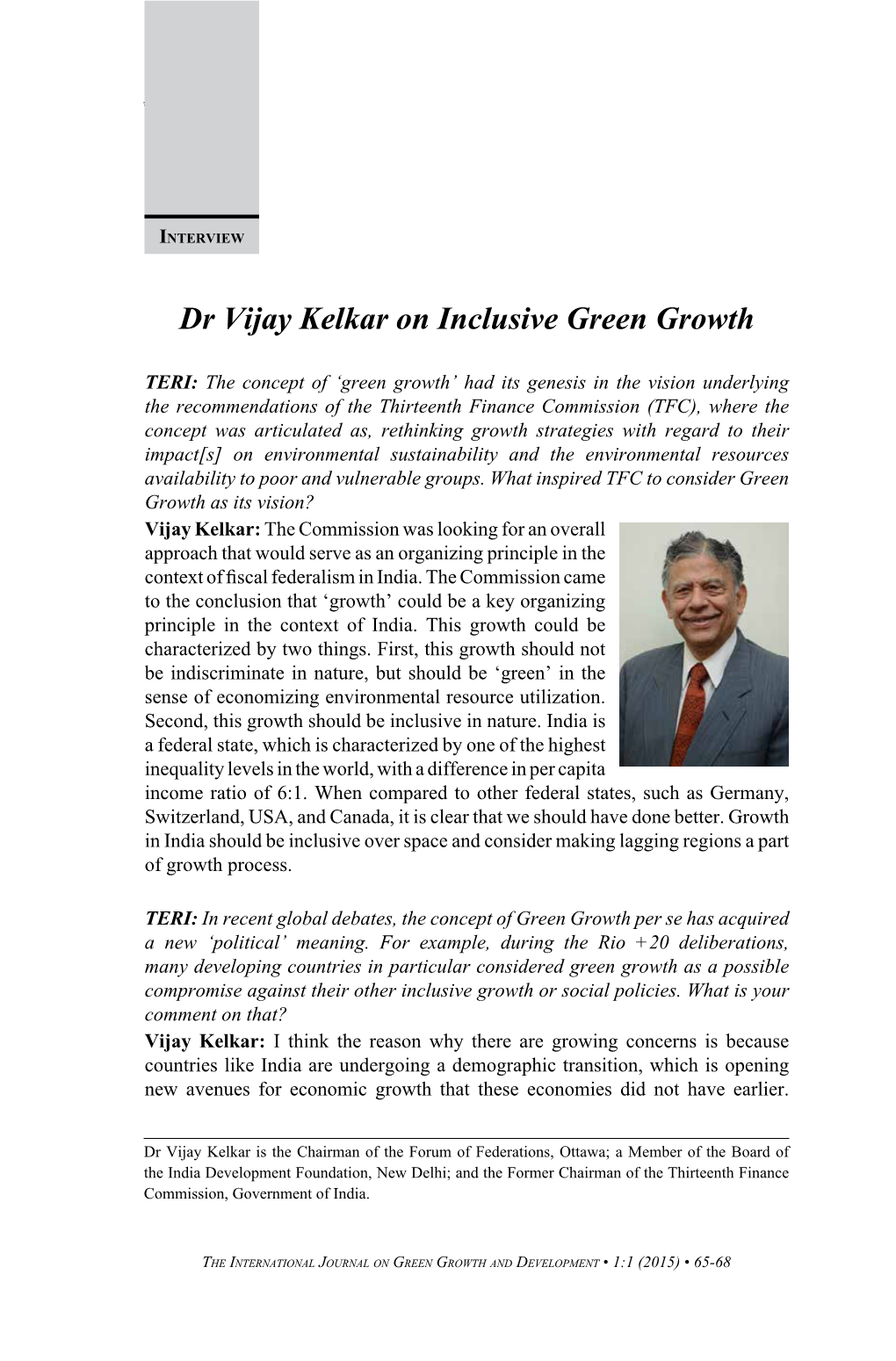 Dr Vijay Kelkar on Inclusive Green Growth