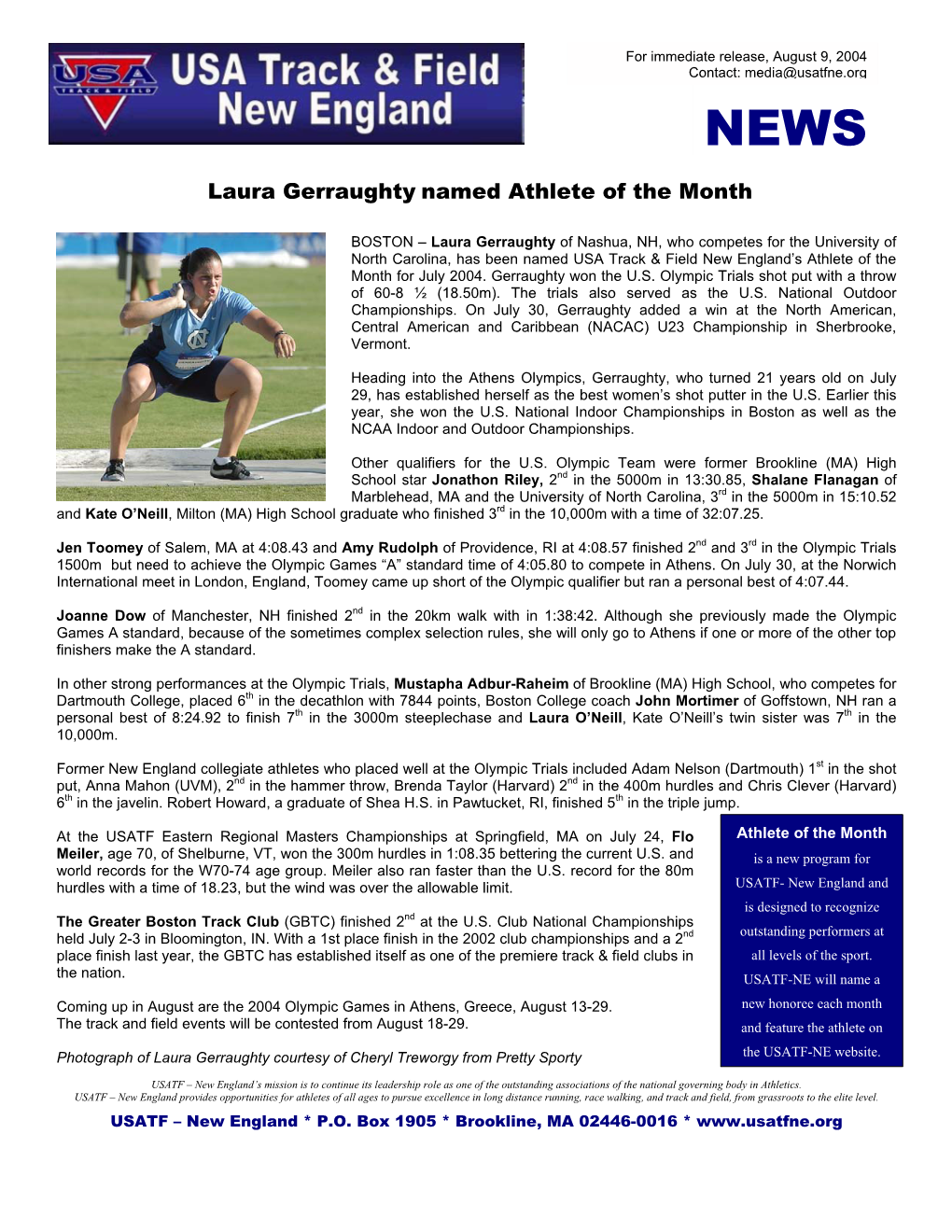 Laura Gerraughty Named Athlete of the Month