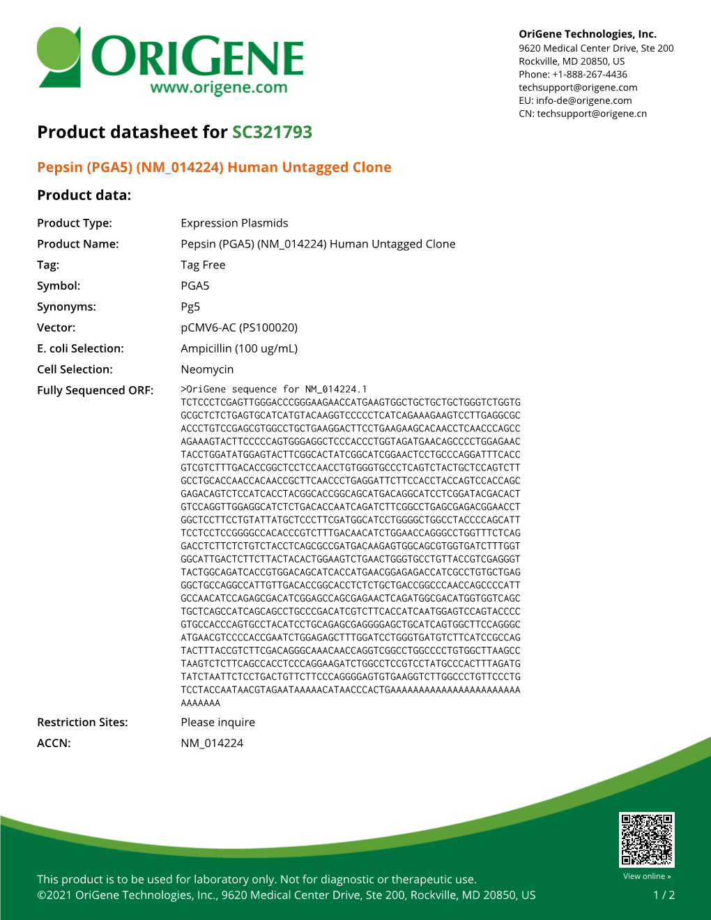 Pepsin (PGA5) (NM 014224) Human Untagged Clone Product Data