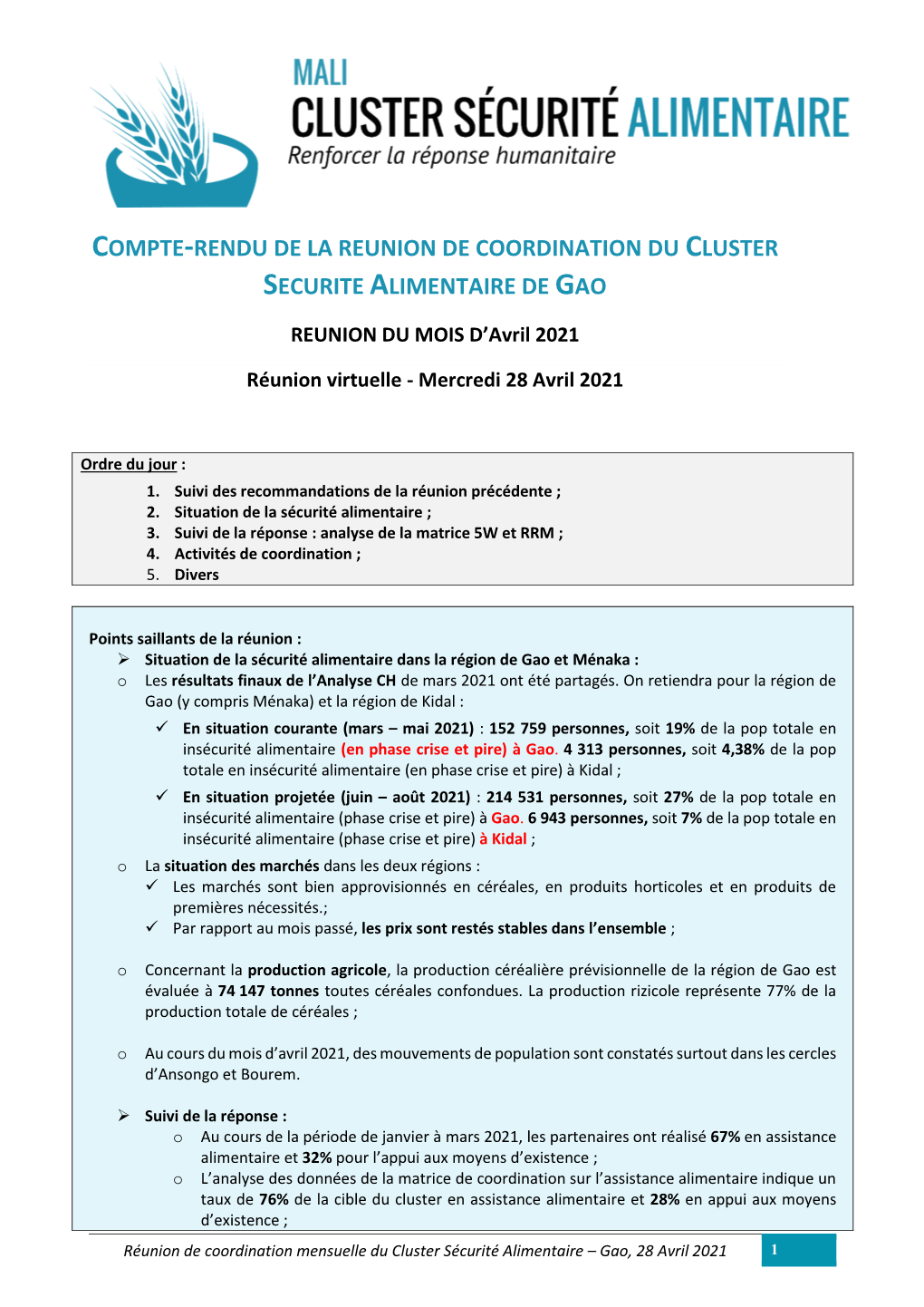 Compte-Rendu De La Reunion De Coordination Du Cluster Securite Alimentaire De Gao