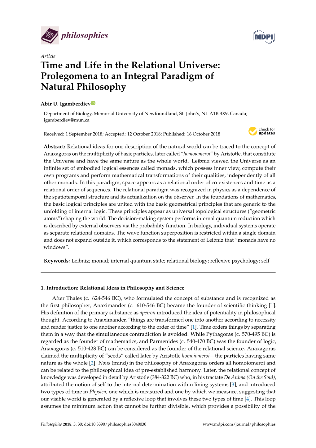 Time and Life in the Relational Universe: Prolegomena to an Integral Paradigm of Natural Philosophy