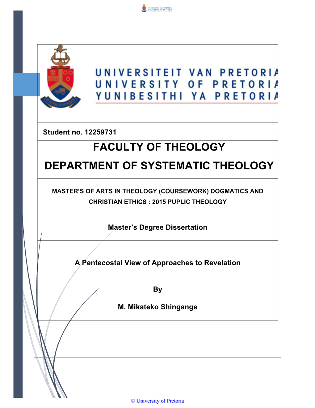 Faculty of Theology Department of Systematic Theology