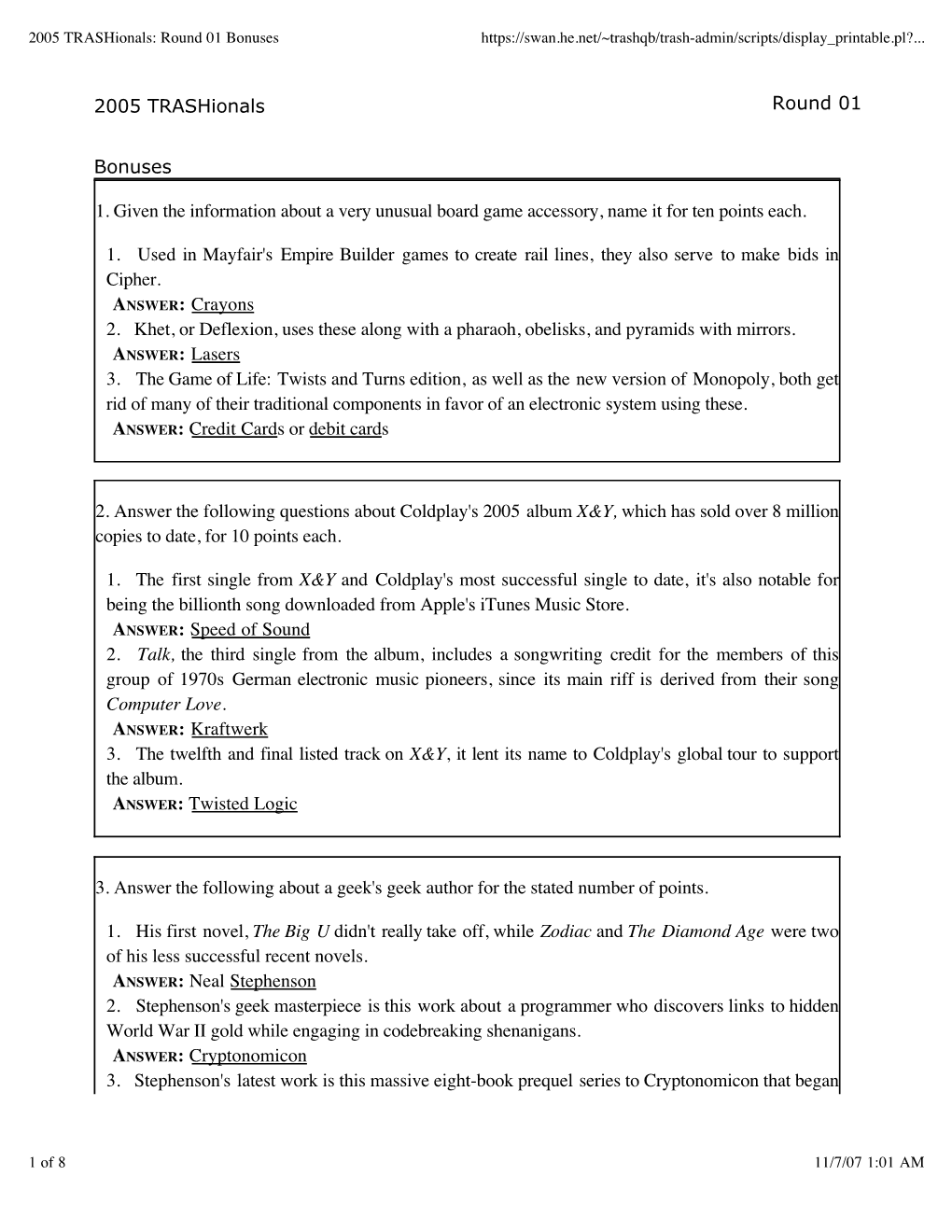 2005 Trashionals: Round 01 Bonuses