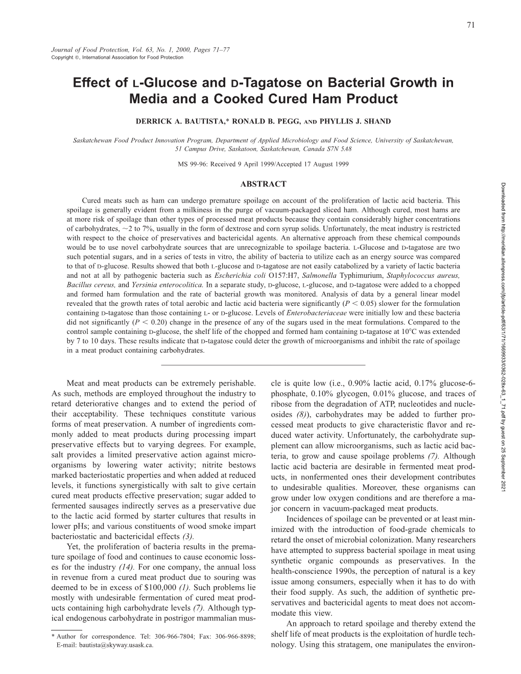 Effect of L-Glucose and D-Tagatose on Bacterial Growth in Media and a Cooked Cured Ham Product