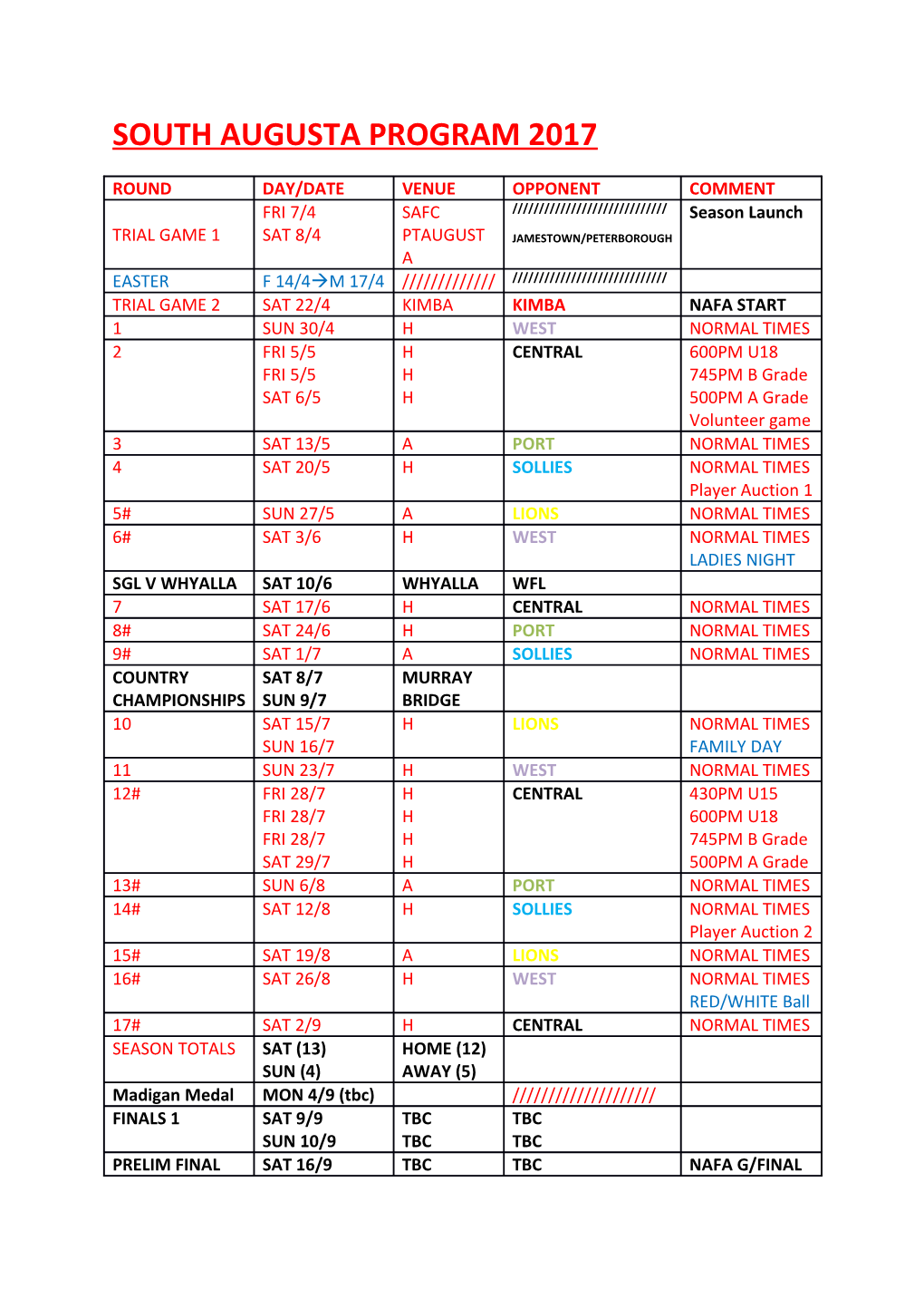 TIMES (Except for Rounds 2 and 12) 1045AM U18/1225PM B Grade/225PM a Grade