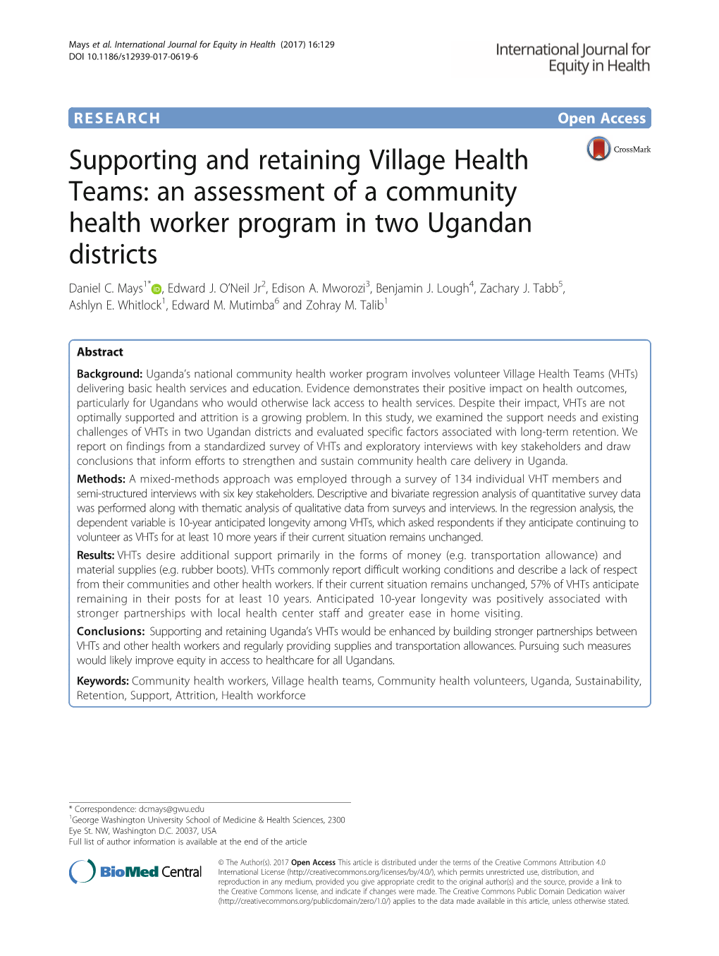 Supporting and Retaining Village Health Teams: an Assessment of a Community Health Worker Program in Two Ugandan Districts Daniel C