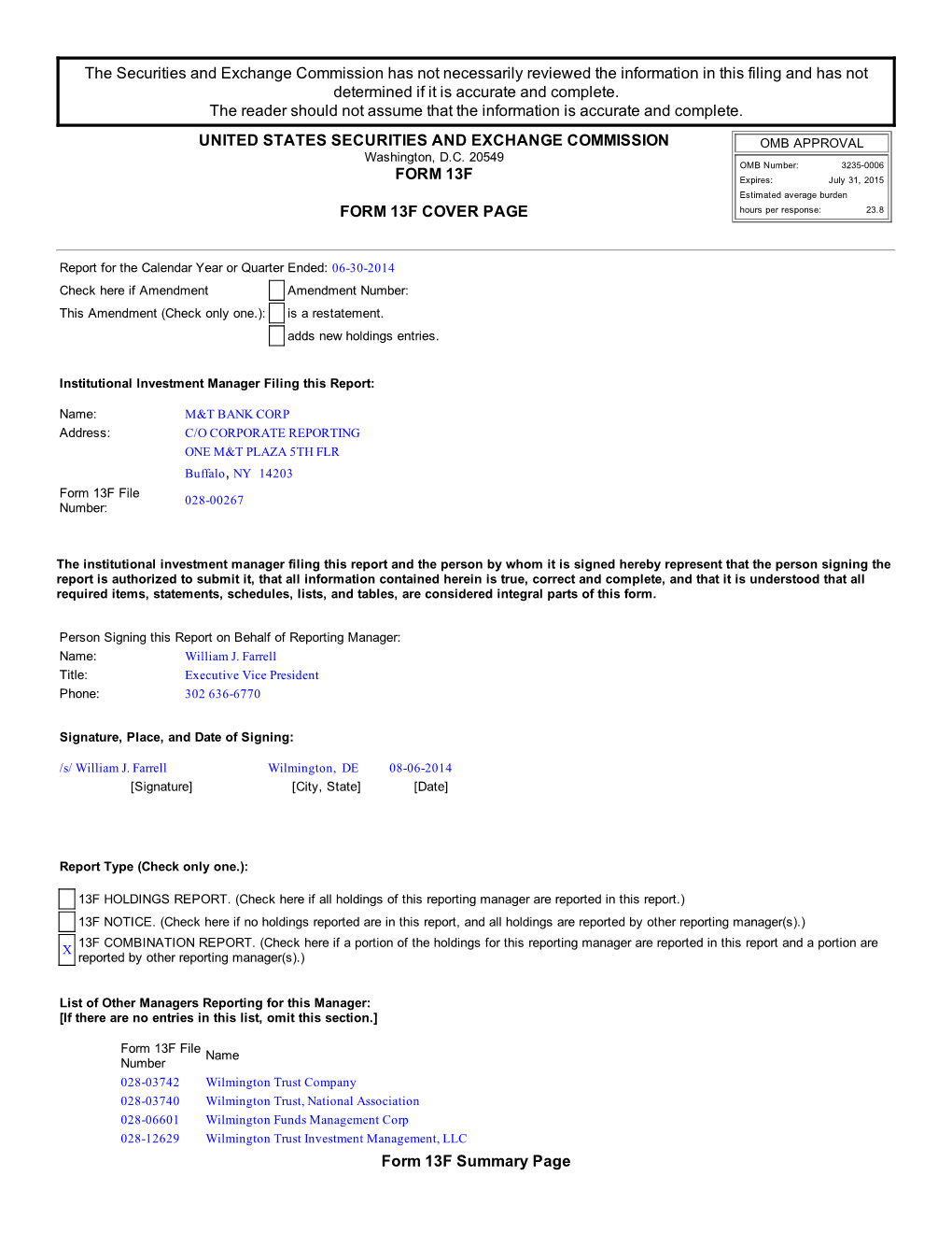 The Securities and Exchange Commission Has Not Necessarily Reviewed the Information in This Filing and Has Not Determined If It Is Accurate and Complete