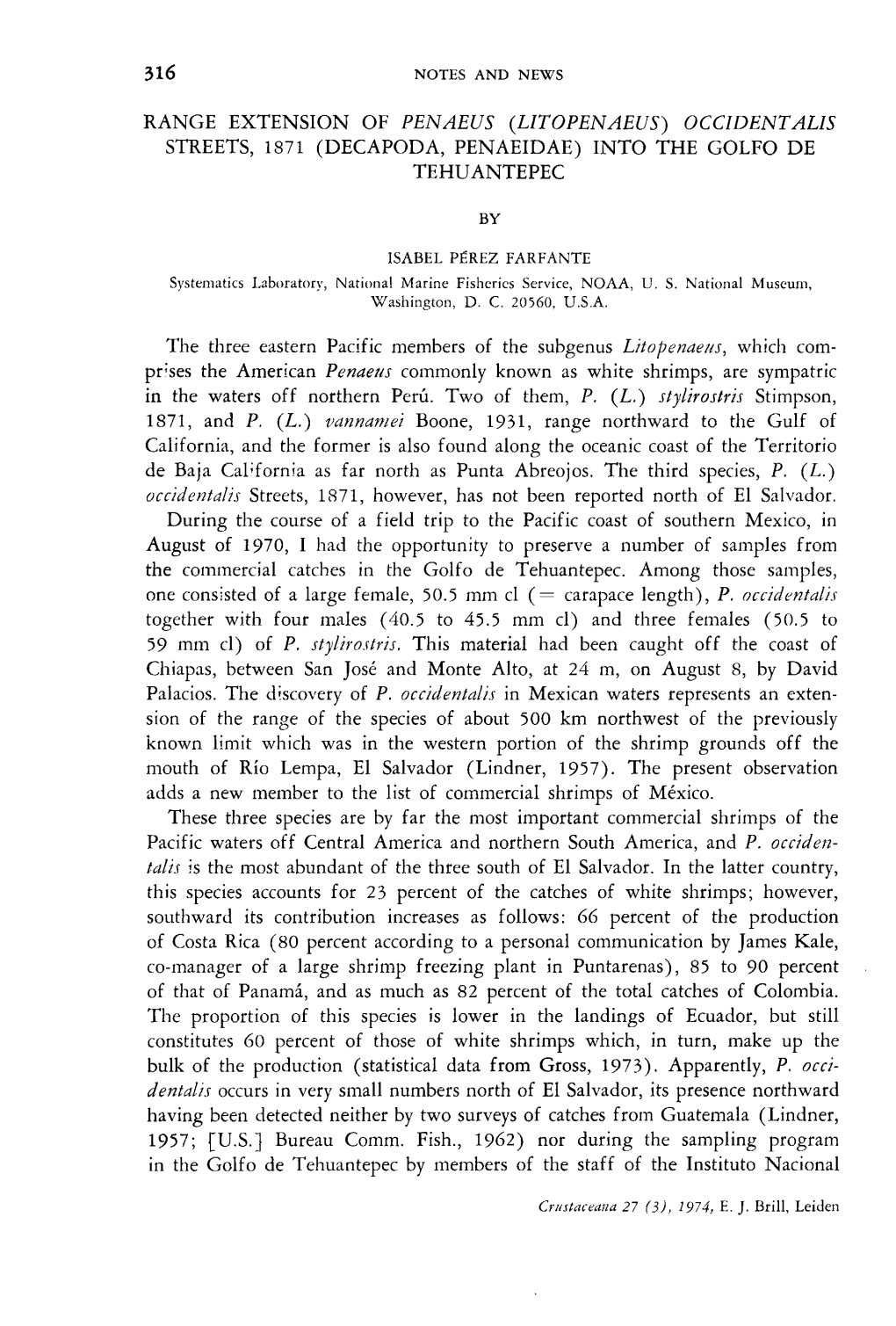 Litopenaeus) Occidentalis Streets, 1871 (Decapoda, Penaeidae) Into the Golfo De Tehuantepec