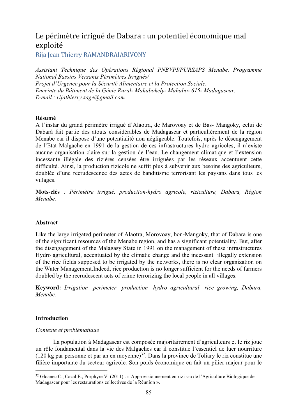 Le Périmètre Irrigué De Dabara : Un Potentiel Économique Mal Exploité Rija Jean Thierry RAMANDRAIARIVONY