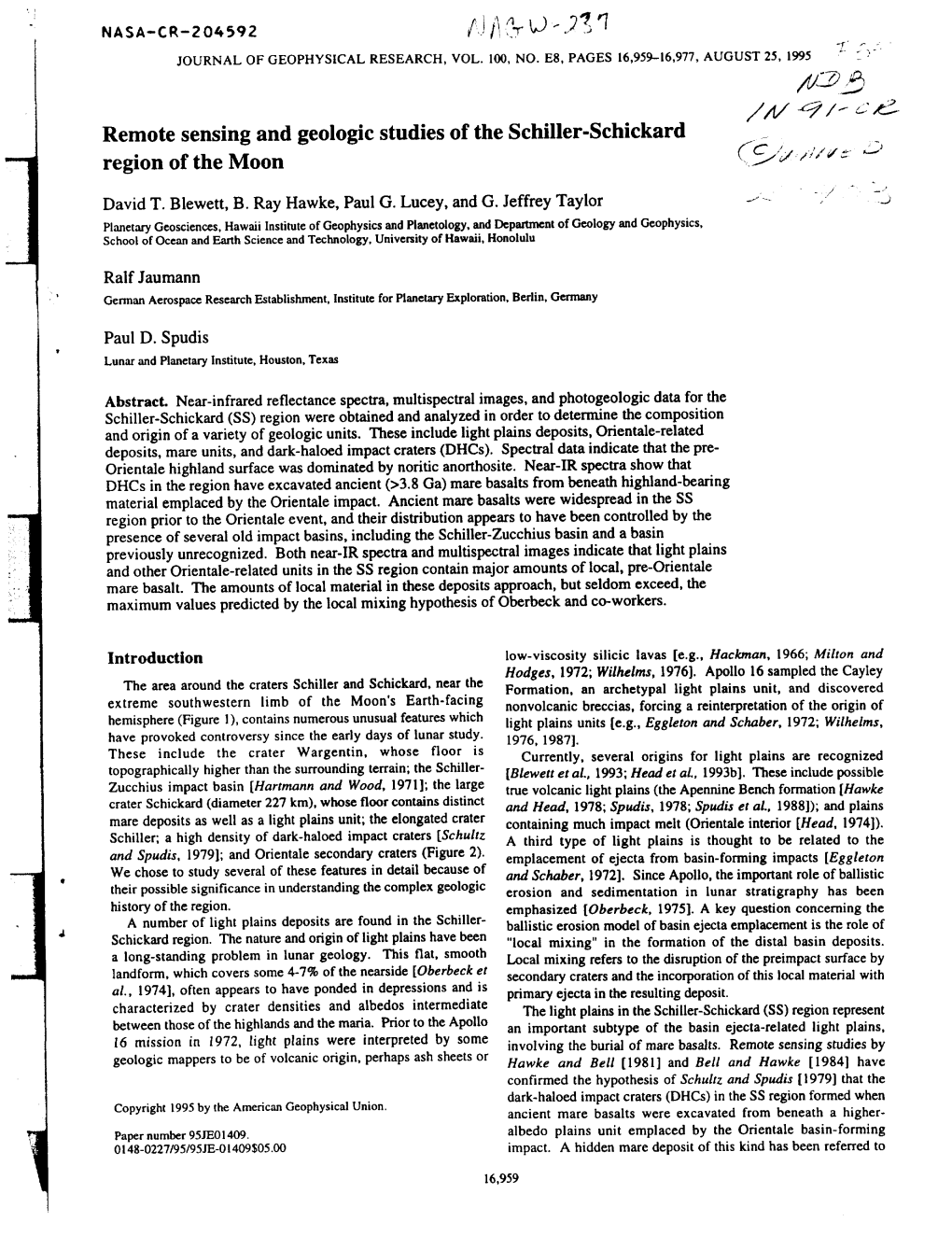 1/:J//- Remote Sensing and Geologic Studies of the Schiller-Schickard Region of the Moon