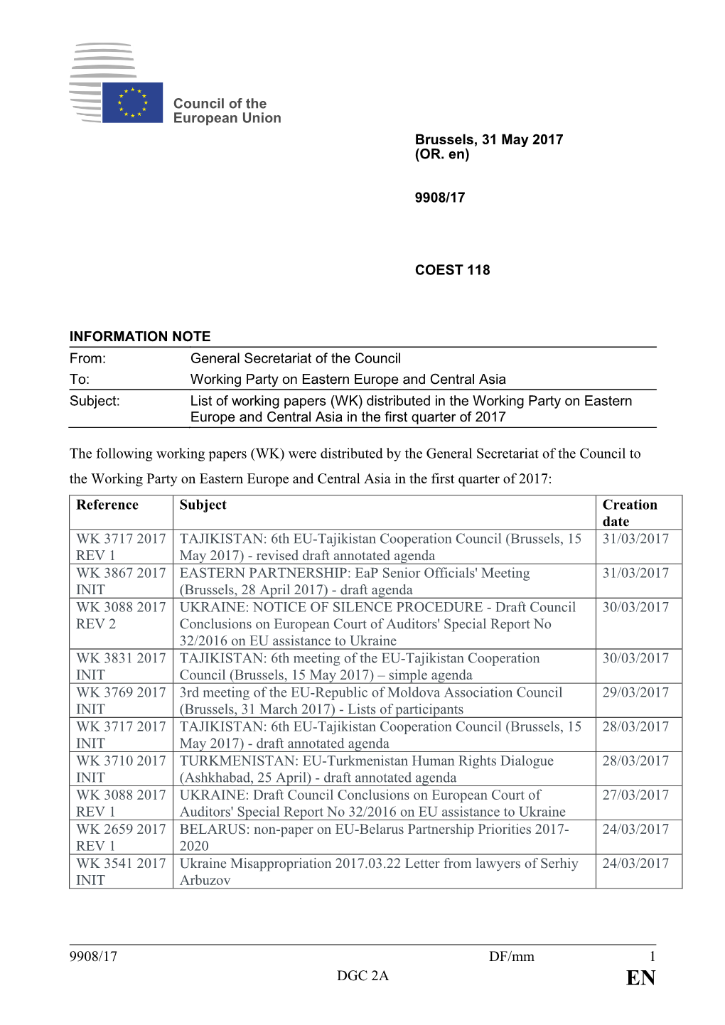 9908/17 DF/Mm 1 DGC 2A the Following Working Papers (WK