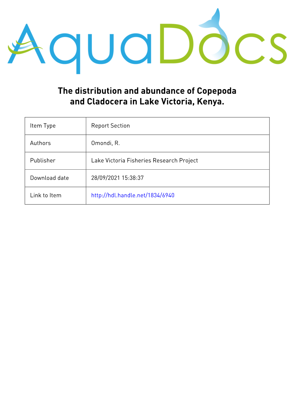 The Distribution and Abundance of Copepoda and Cladocera in Lake Victoria, Kenya