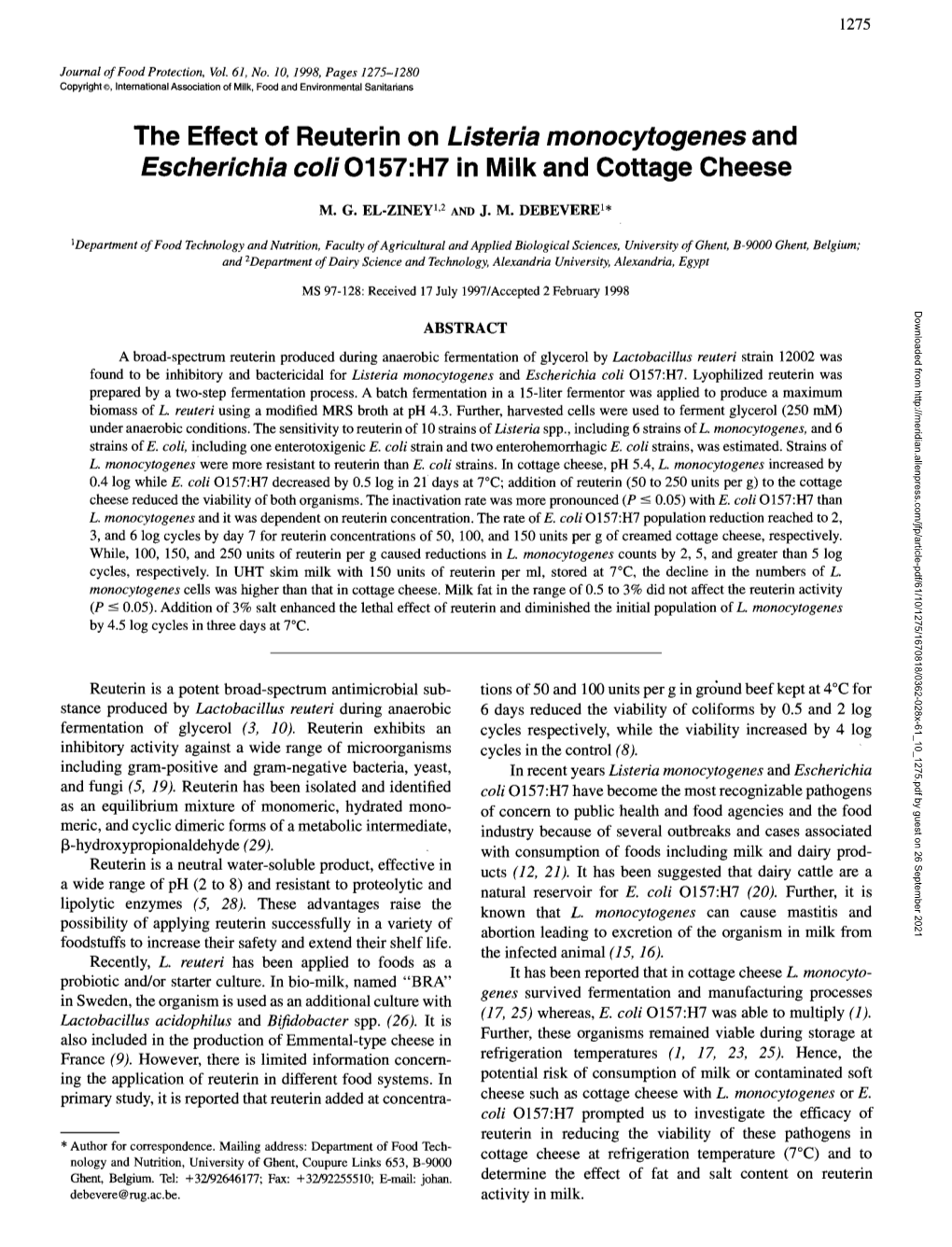 The Effect of Reuterin on <I>Listeria Monocytogenes</I> and <I