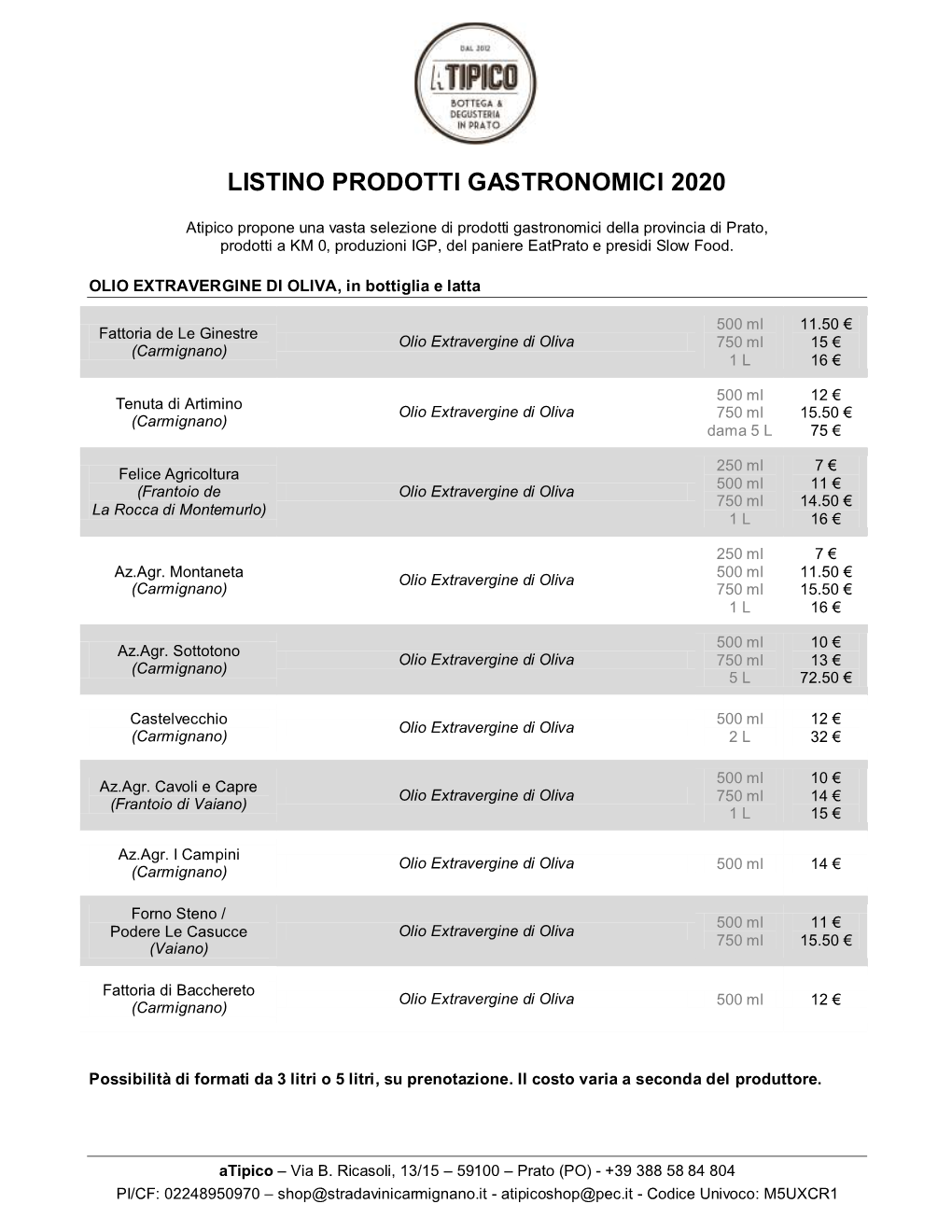 Listino Prodotti Gastronomici 2020