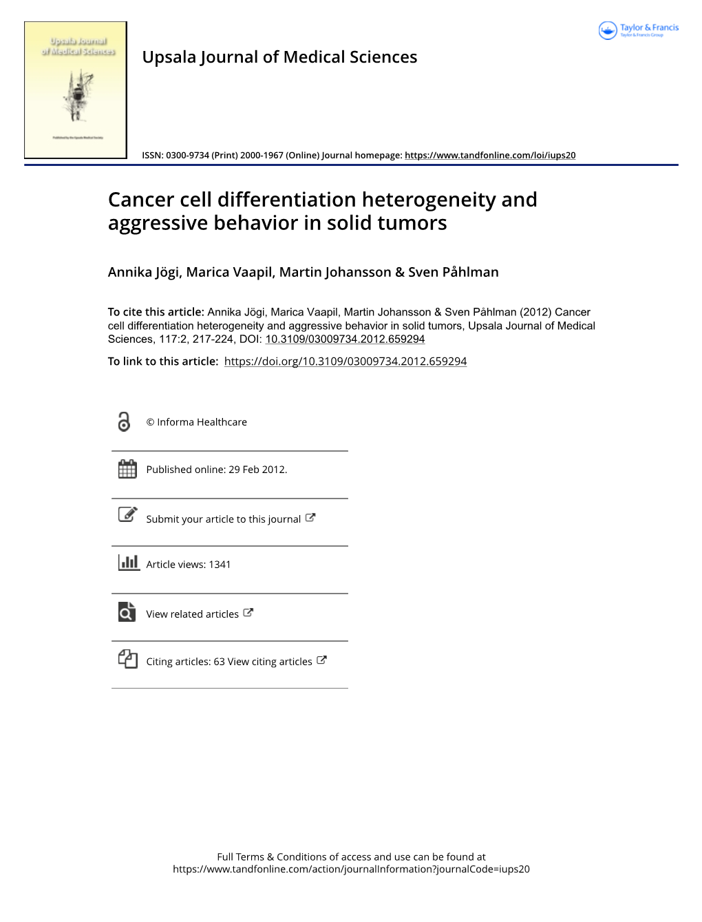 Cancer Cell Differentiation Heterogeneity and Aggressive Behavior in Solid Tumors